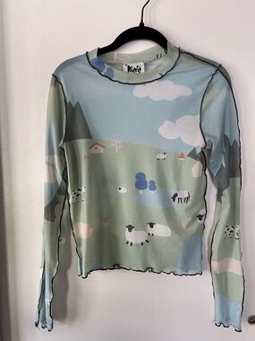 Kina + Tam Farm Print Mesh Top in Pastel Blue & Green